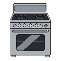 Obraz premium A front-view pixel art illustration of an electric kitchen stove. The stove features two elliptical burners, four control knobs, and a reflective glass oven door set against a solid background.