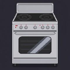 Obraz premium A front-view pixel art illustration of an electric kitchen stove. The stove features two elliptical burners, four control knobs, and a reflective glass oven door set against a solid background.