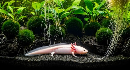 A leucistic axolotl rests on the dark substrate beneath a collection of marimo moss balls and green aquatic plants, captured in a close-up shot with a shallow