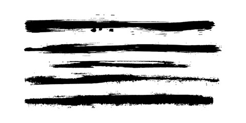 Horizontal black brushstrokes on white background. Collection of black paint strokes. Black paint brush strokes collection. Horizontal black brush lines of differing thicknesses, demonstrating. 