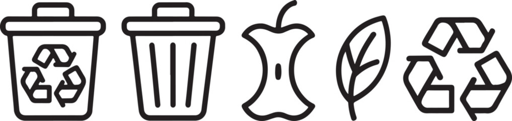 Recycling Icons Trash Can Apple Core Leaf and Recycle Symbol
