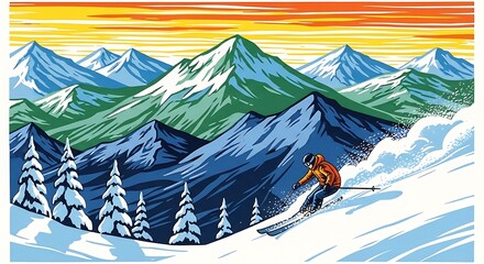 Skier Descending Snowy Mountain Slope in Winter Landscape.