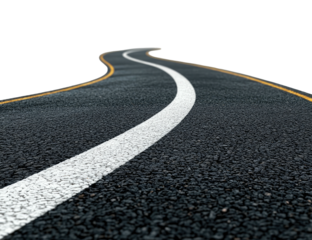 Winding asphalt road with a white center line curves upwards into darkness