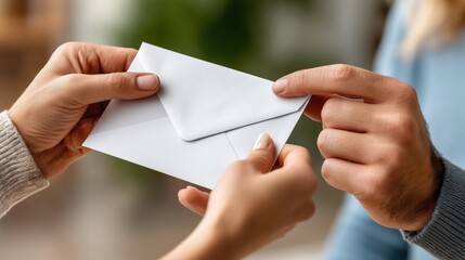 Close-up of hands exchanging a white envelope in a cozy setting