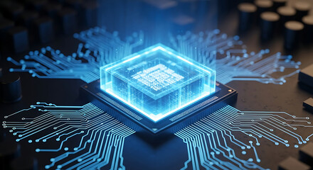 Glowing blue abstract cube with integrated circuits and data streams