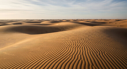 Golden sand dunes with rippled textures under a vast sky