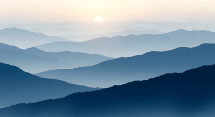 Naklejka premium Serene blue mountain range with soft sunrise light
