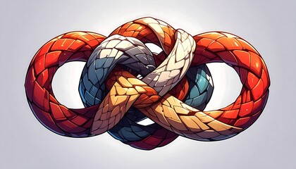 A digitally created, stylized graphic depicts two intertwined, infinite loop structures. The loops, crafted from colorful, scale-like segments, intertwine to create a visually complex knot