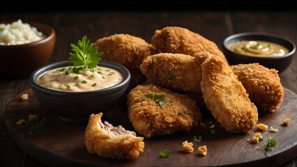 breaded chicken breast chunks with dipping sauce