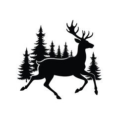 Silhouette of a majestic deer leaping through a serene pine forest landscape, deer running silhouette vector illustration