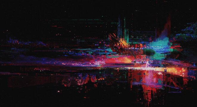Abstract digital cityscape with vibrant chromatic aberration and data corruption.