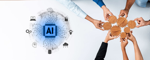 A visually engaging representation of teamwork and innovation in artificial intelligence, showcasing diverse hands collaborating around gears and a digital brain symbolizing advanced technology. Trope