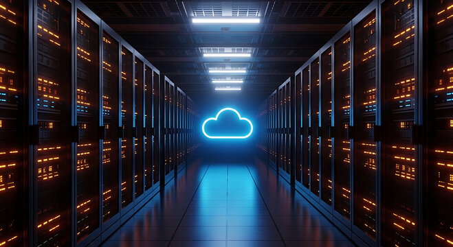 Glowing neon cloud symbol in a futuristic server room