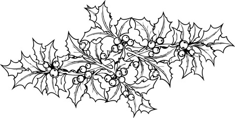 Fototapeta premium Elegant hand drawn holly branch garland design for festive holiday decoration and winter celebration themes
