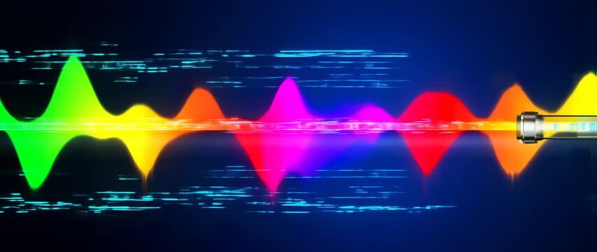 Visualizing data: Dynamic audio spectrum analysis on a digital screen displaying colorful