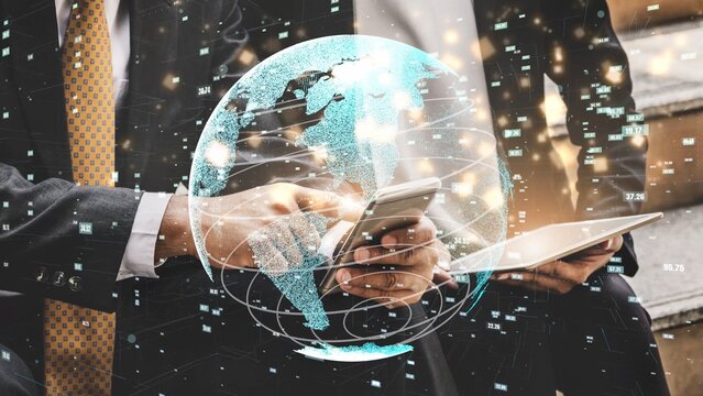 Business professionals engage with smartphone and tablet in modern office, surrounded by a digital globe and data visualization, showcasing advancements in communication technology. Xenic