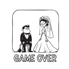 Funny Wedding Cartoon Vector — Black and White Illustration of Groom with Ball and Chain, Bride, and “GAME OVER” Text