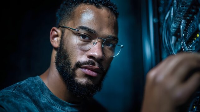 Focused technician in glasses inspects cables in a dark server room highlighting technology and IT maintenance