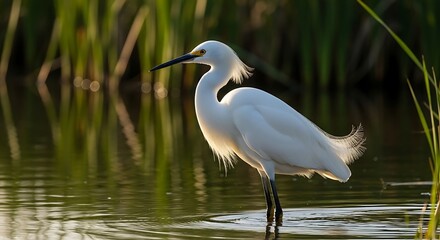 Elegant Snowy Egret in Serene Marsh Environment.
