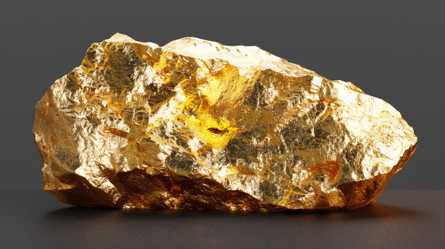 A radiant, unrefined gold nugget, boasting a rich, shimmering texture and a spectrum of golden hues, rests on a dark, reflective surface, symbolizing immense value, natural beauty, and untouched wealt