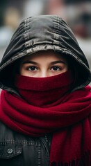 Intense Gaze - A Portrait of a Woman in Red Scarf and Hood.