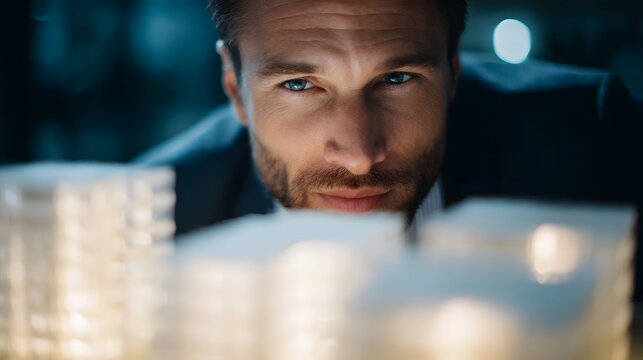 Focused businessman intently examining a detailed architectural model
