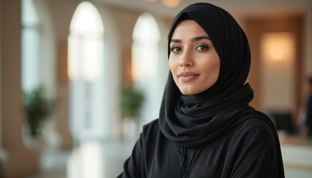 Emirati Arab woman wears black hijab and abaya inside modern office building. She smiles confidently, representing professionalism and cultural identity. Businesswoman poses for corporate headshot.
