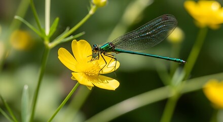 Emerald Damselfly on Buttercup Flower in Summer Meadow.