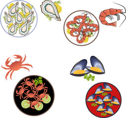 Vector illustration of shrimp, mussels, and crabs