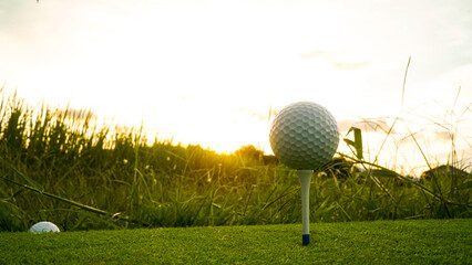 Golf ball on green grass in the evening golf course with sunshine background.