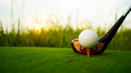 Golf ball on green grass in the evening golf course with sunshine background.