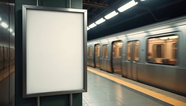 Blank movie poster mockup in metro environment. Empty advertising space in subway station. Train passes blurred. Public transport concept. Urban scene suitable for commercial designs.