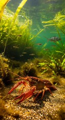 Aquatic Ecosystem - A Red Swamp Crayfish in a Lush Freshwater Aquarium.