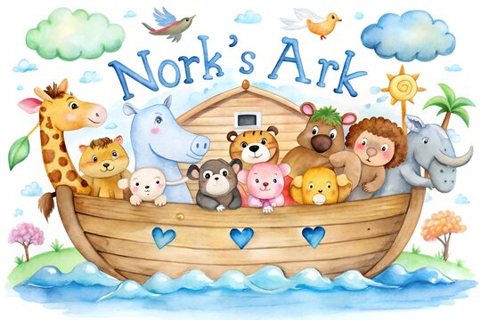 Noahs ark with cute animals, norks ark, isolated on white background