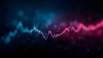 Abstract digital financial trading chart with dynamic fluctuating lines illuminated by vibrant neon blue and pink lights and soft bokeh effects