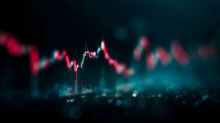 Abstract digital financial chart displaying volatile trading trends with glowing red and blue lights and bokeh