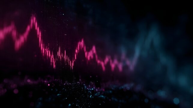 Abstract digital graph with fluctuating pink and blue neon lights representing market trends and data volatility