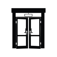 Black and white image depicts double doors in a closed position, office entry door silhouette vector illustration