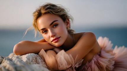 Naklejka premium Gentle portrait of blonde girl, pink dress, vacation, rocks, sea, evening sun, beauty, femininity