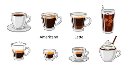 Selection of Coffee Drinks - Americano, Latte, and More.