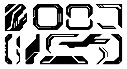 Collection of isolated black futuristic shapes and high-tech frames. Vector assets for creating sci-fi HUD interfaces, cyberpunk decals, and digital art.