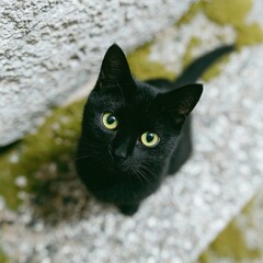 Black Cat with Bright Green Eyes Staring Curiously at Camera