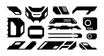 Set of various black high-tech mechanical shapes and abstract cyberpunk elements. Vector assets for futuristic UI, HUD displays, and sci-fi design projects.