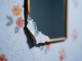 Broken Mirror Fragment on Wall with Floral Wallpaper Detail