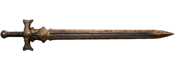 Ornate, weathered golden sword with a wrapped handle on a black background