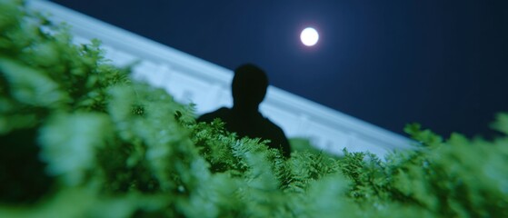 Mysterious Silhouette Behind Lush Greenery Under Moonlight Sky