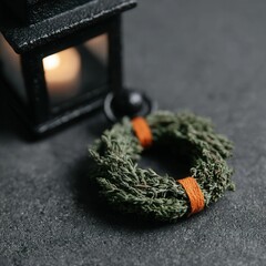 Decorative Dried Herb Wreath with Candle Lantern on Dark Surface