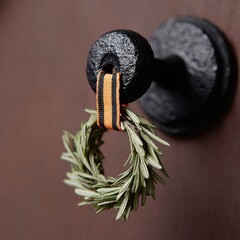 Fresh Herb Wreath Hanging on Rustic Door Knob in Soft Lighting