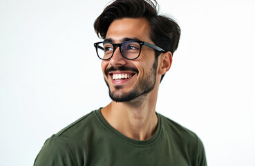 Obraz premium Smiling young man poses in studio. Portrait of happy male with glasses. Handsome guy wears casual green shirt. Attractive person looks aside. Business style and modern look.
