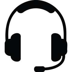 A simple black and white icon of headphones with a microphone attached for communication purposes online silhouette